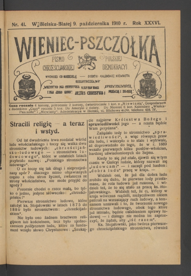 Wieniec-Pszcz&oacute;łka&nbsp;: pismo polskiej chrześcijańskiej demokracyi. Rok&nbsp;36, 1910, numer&nbsp;41