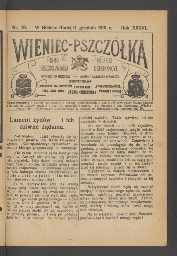 Wieniec-Pszcz&oacute;łka&nbsp;: pismo polskiej chrześcijańskiej demokracyi. Rok&nbsp;36, 1910, numer&nbsp;49