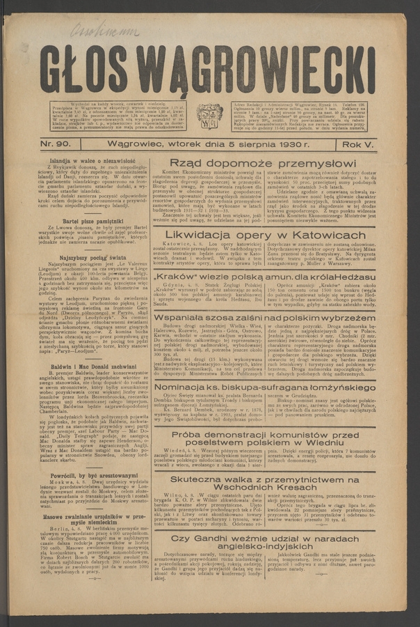 Głos Wągrowiecki. Rok&nbsp;5, 1930, numer&nbsp;90