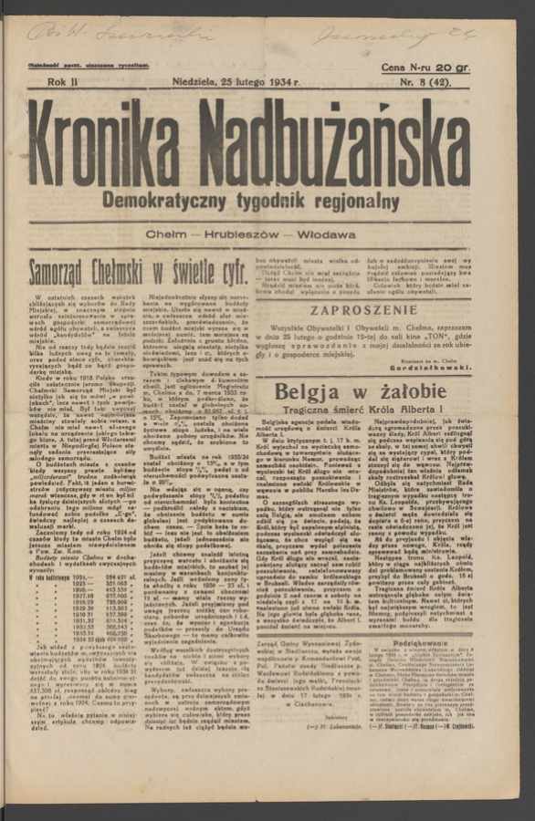 Kronika Nadbużańska&nbsp;: demokratyczny tygodnik regjonalny. Rok&nbsp;2, 1934, numer&nbsp;8