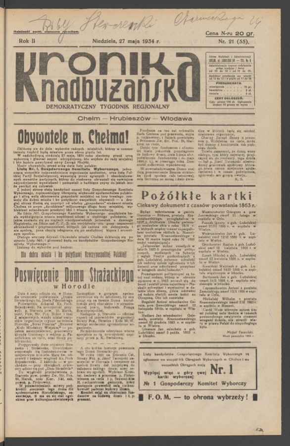 Kronika Nadbużańska&nbsp;: demokratyczny tygodnik regjonalny. Rok&nbsp;2, 1934, numer&nbsp;21