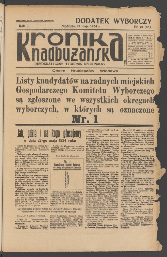 Kronika Nadbużańska&nbsp;: demokratyczny tygodnik regjonalny. Rok&nbsp;2, 1934, numer&nbsp;21 (dodatek wyborczy)