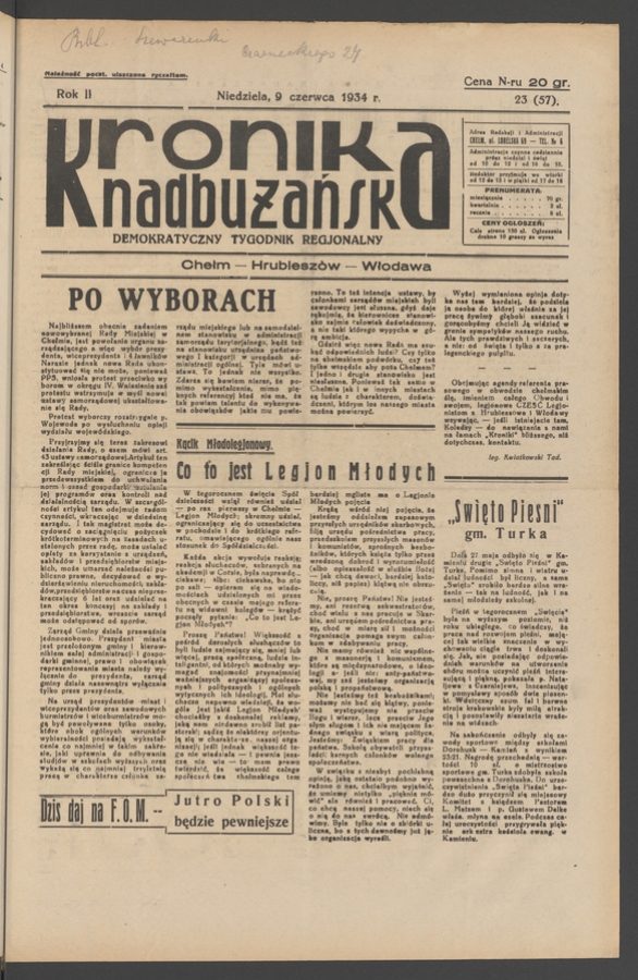 Kronika Nadbużańska&nbsp;: demokratyczny tygodnik regjonalny. Rok&nbsp;2, 1934, numer&nbsp;23