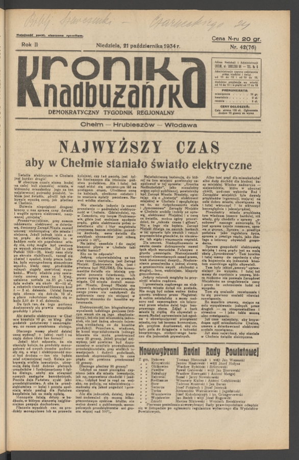 Kronika Nadbużańska&nbsp;: demokratyczny tygodnik regjonalny. Rok&nbsp;2, 1934, numer&nbsp;42