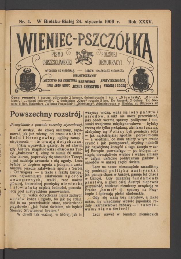 Wieniec-Pszczółka : pismo polskiej chrześcijańskiej demokracyi. Rok 35, 1909, numer 4