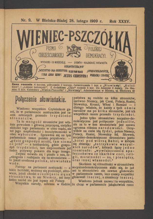 Wieniec-Pszcz&oacute;łka&nbsp;: pismo polskiej chrześcijańskiej demokracyi. Rok&nbsp;35, 1909, numer&nbsp;9