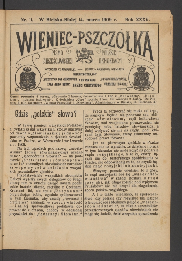 Wieniec-Pszczółka : pismo polskiej chrześcijańskiej demokracyi. Rok 35, 1909, numer 11