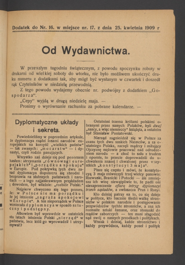 Wieniec-Pszczółka : pismo polskiej chrześcijańskiej demokracyi. Rok 35, 1909, dodatek do numeru 16 w miejsce numeru 17 z dnia 25 kwietnia 1909