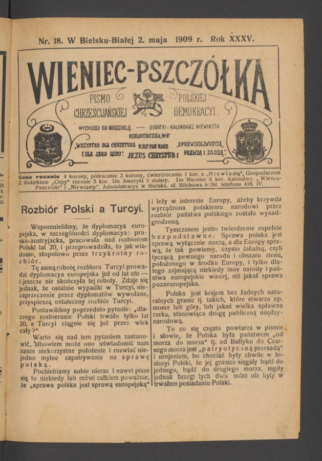 Wieniec-Pszcz&oacute;łka&nbsp;: pismo polskiej chrześcijańskiej demokracyi. Rok&nbsp;35, 1909, numer&nbsp;18