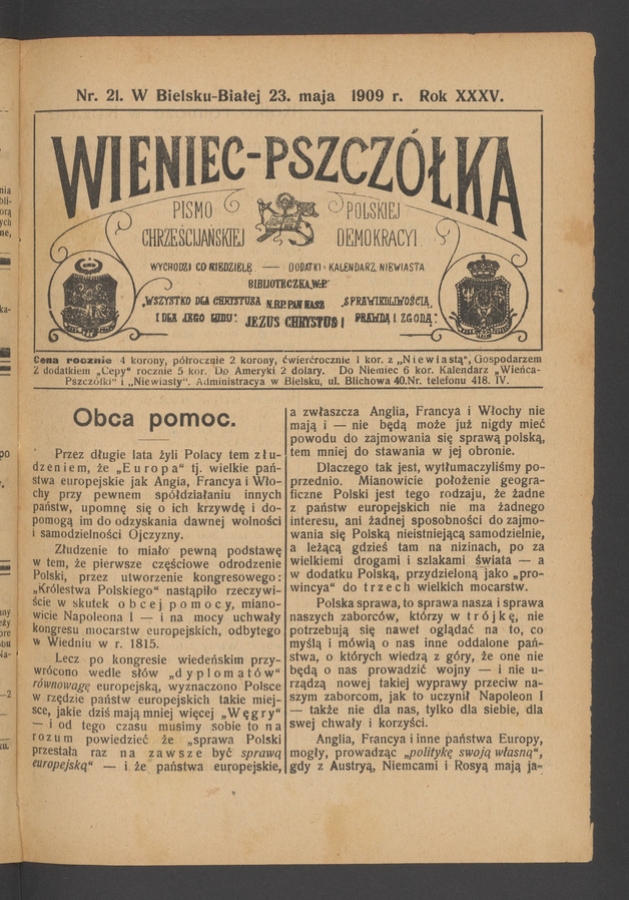 Wieniec-Pszcz&oacute;łka&nbsp;: pismo polskiej chrześcijańskiej demokracyi. Rok&nbsp;35, 1909, numer&nbsp;21