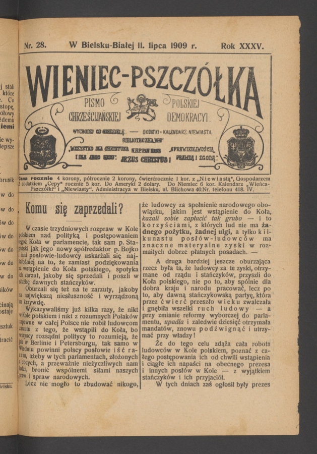 Wieniec-Pszcz&oacute;łka&nbsp;: pismo polskiej chrześcijańskiej demokracyi. Rok&nbsp;35, 1909, numer&nbsp;28