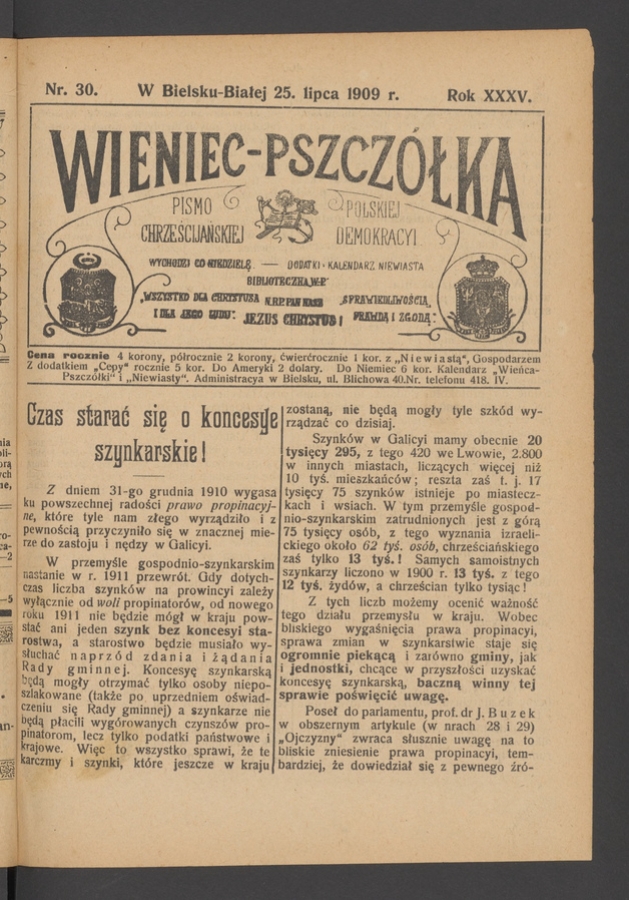 Wieniec-Pszcz&oacute;łka&nbsp;: pismo polskiej chrześcijańskiej demokracyi. Rok&nbsp;35, 1909, numer&nbsp;30