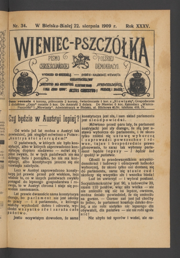 Wieniec-Pszczółka : pismo polskiej chrześcijańskiej demokracyi. Rok 35, 1909, numer 34