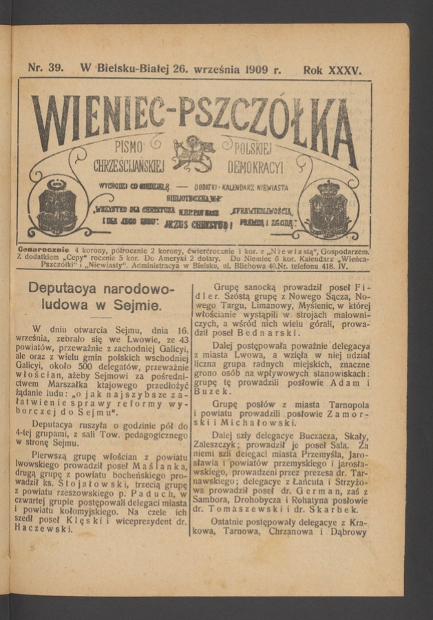 Wieniec-Pszczółka : pismo polskiej chrześcijańskiej demokracyi. Rok 35, 1909, numer 39