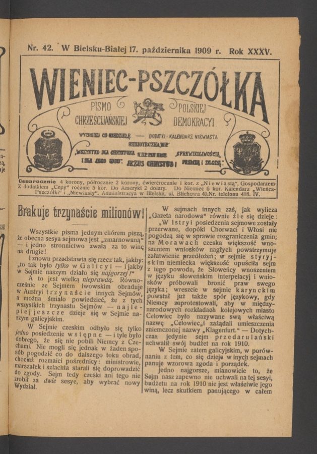 Wieniec-Pszczółka : pismo polskiej chrześcijańskiej demokracyi. Rok 35, 1909, numer 42