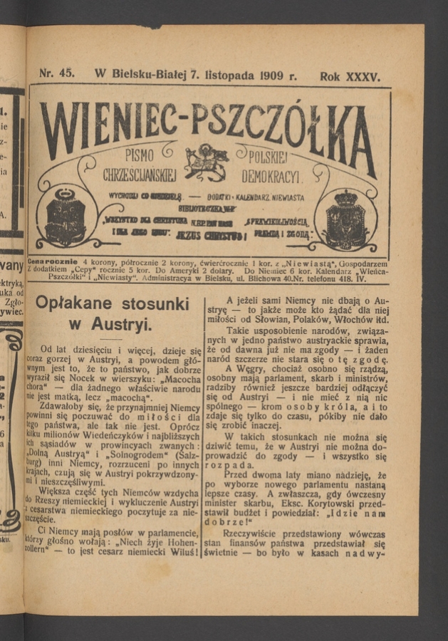 Wieniec-Pszczółka : pismo polskiej chrześcijańskiej demokracyi. Rok 35, 1909, numer 45