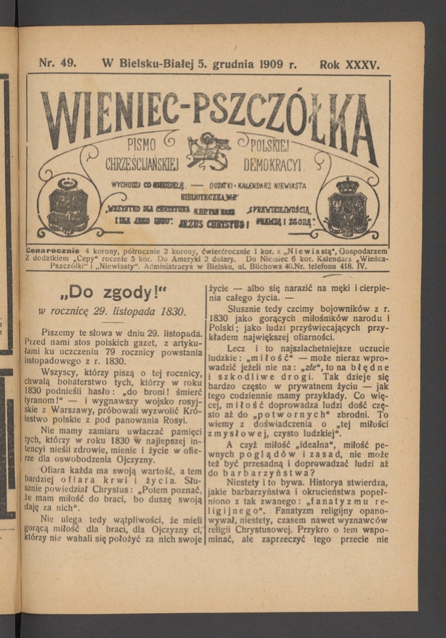 Wieniec-Pszczółka : pismo polskiej chrześcijańskiej demokracyi. Rok 35, 1909, numer 49