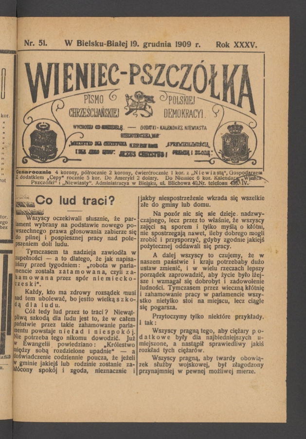 Wieniec-Pszcz&oacute;łka&nbsp;: pismo polskiej chrześcijańskiej demokracyi. Rok&nbsp;35, 1909, numer&nbsp;51