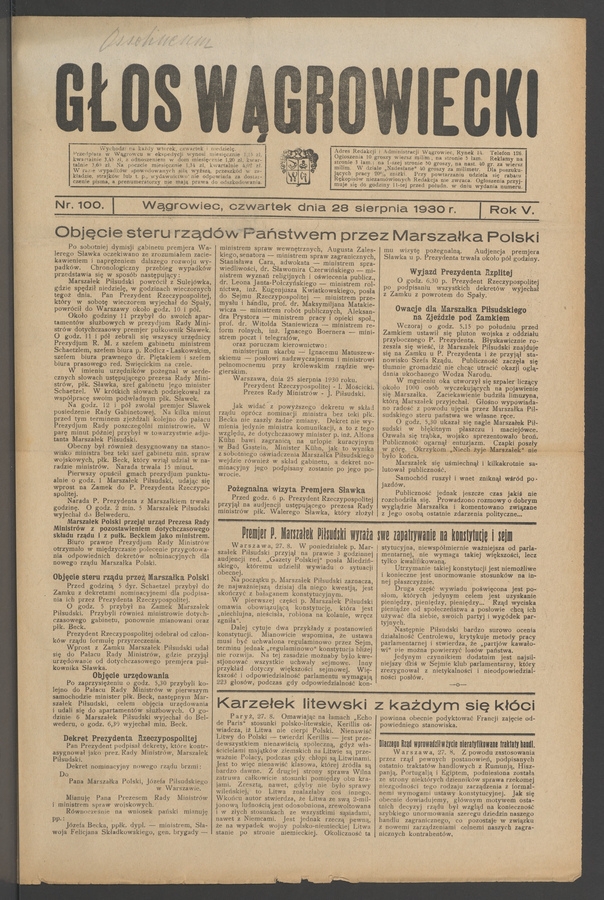 Głos Wągrowiecki. Rok&nbsp;5, 1930, numer&nbsp;100