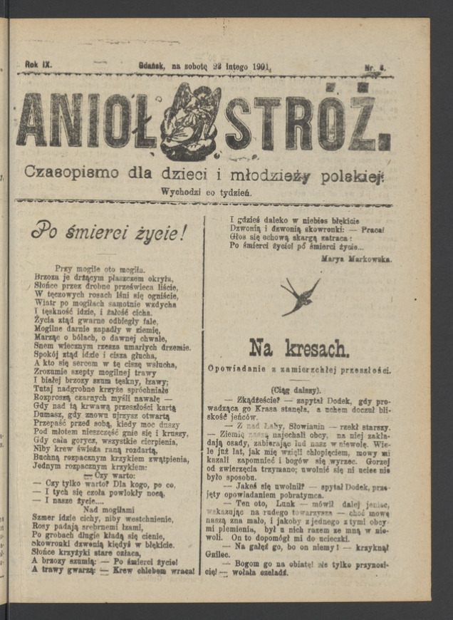 Anioł Str&oacute;ż&nbsp;: czasopismo dla&nbsp;dzieci i&nbsp;młodzieży polskiej. Rok 9, 1901, numer&nbsp;8
