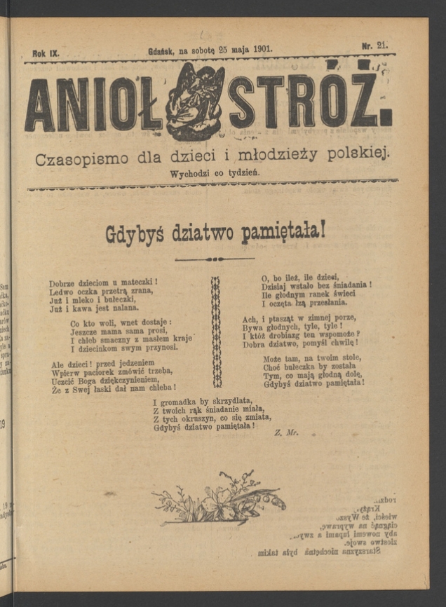Anioł Str&oacute;ż&nbsp;: czasopismo dla&nbsp;dzieci i&nbsp;młodzieży polskiej. Rok 9, 1901, numer&nbsp;21