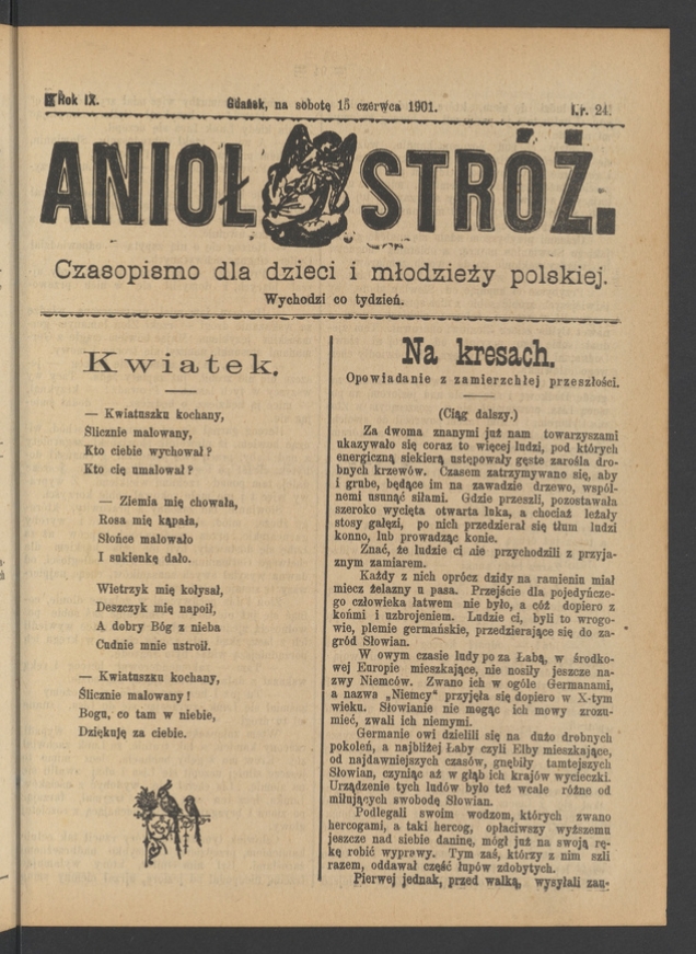 Anioł Str&oacute;ż&nbsp;: czasopismo dla&nbsp;dzieci i&nbsp;młodzieży polskiej. Rok 9, 1901, numer&nbsp;24