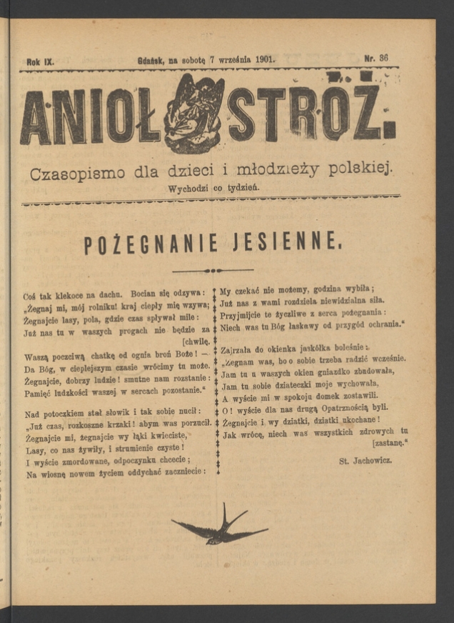 Anioł Str&oacute;ż&nbsp;: czasopismo dla&nbsp;dzieci i&nbsp;młodzieży polskiej. Rok 9, 1901, numer&nbsp;36