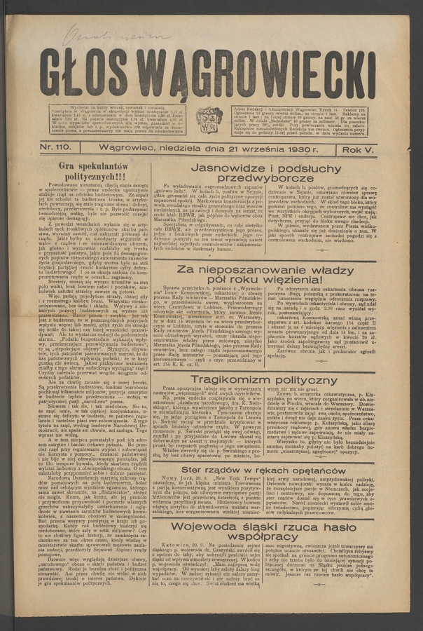 Głos Wągrowiecki. Rok&nbsp;5, 1930, numer&nbsp;110