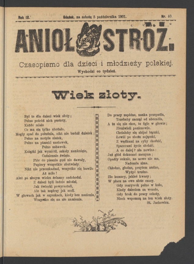 Anioł Str&oacute;ż&nbsp;: czasopismo dla&nbsp;dzieci i&nbsp;młodzieży polskiej. Rok 9, 1901, numer&nbsp;40