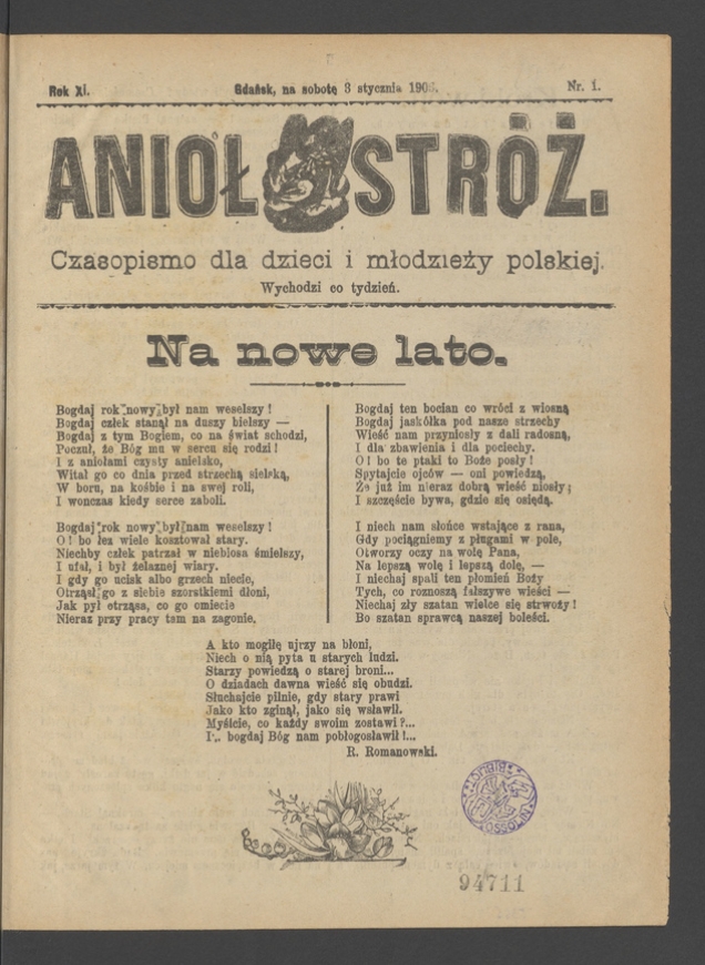 Anioł Str&oacute;ż&nbsp;: czasopismo dla&nbsp;dzieci i&nbsp;młodzieży polskiej. Rok 11, 1903, numer&nbsp;1