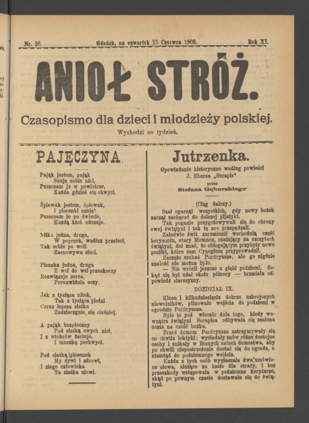 Anioł Str&oacute;ż&nbsp;: czasopismo dla&nbsp;dzieci i&nbsp;młodzieży polskiej. Rok 11, 1903, numer&nbsp;26
