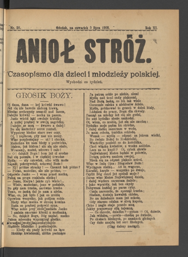 Anioł Str&oacute;ż&nbsp;: czasopismo dla&nbsp;dzieci i&nbsp;młodzieży polskiej. Rok 11, 1903, numer&nbsp;28