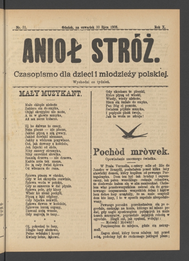 Anioł Str&oacute;ż&nbsp;: czasopismo dla&nbsp;dzieci i&nbsp;młodzieży polskiej. Rok 11, 1903, numer&nbsp;31
