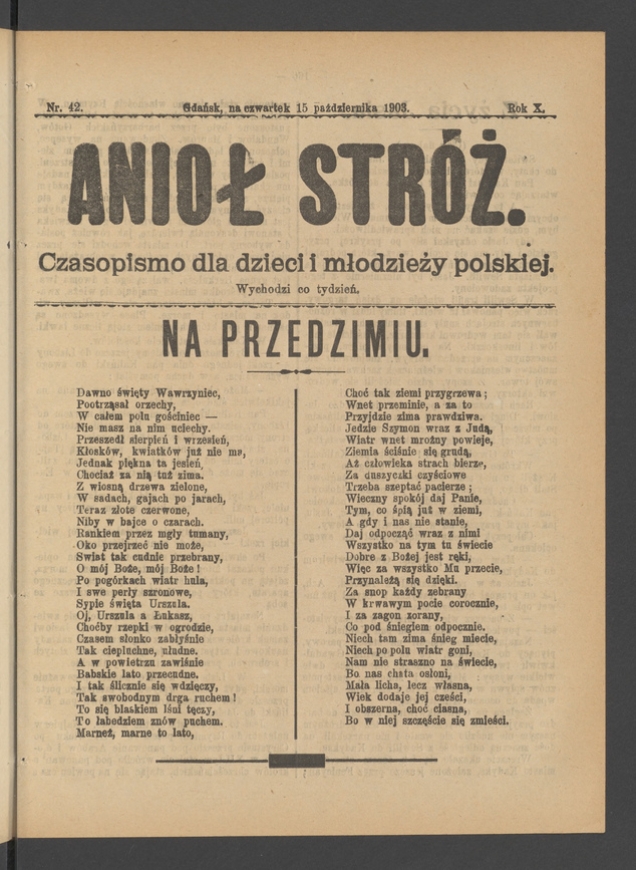 Anioł Str&oacute;ż&nbsp;: czasopismo dla&nbsp;dzieci i&nbsp;młodzieży polskiej. Rok 11, 1903, numer&nbsp;42