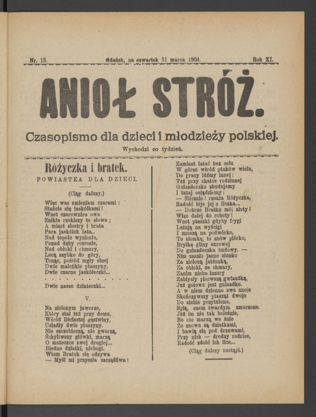 Anioł Str&oacute;ż&nbsp;: czasopismo dla&nbsp;dzieci i&nbsp;młodzieży polskiej. Rok 12, 1904, numer&nbsp;13
