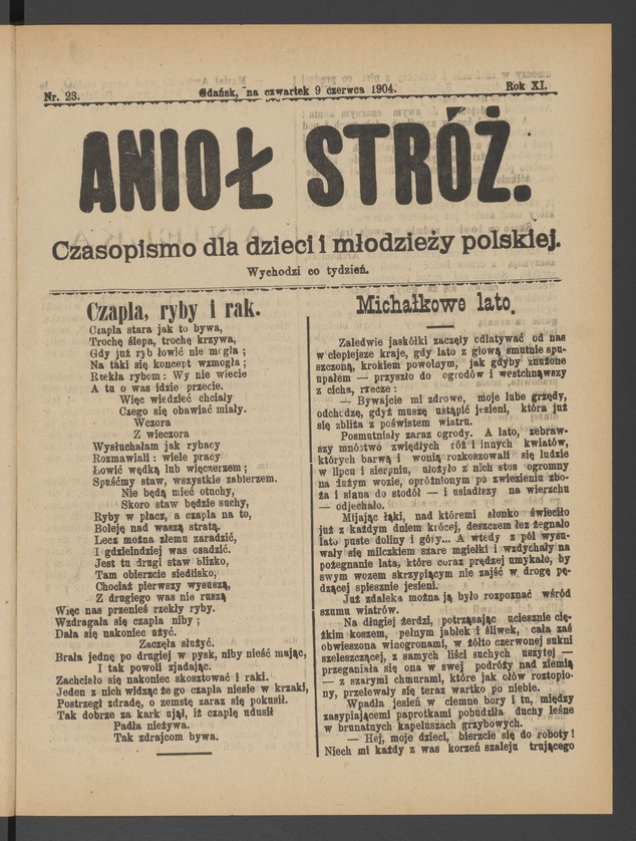Anioł Str&oacute;ż&nbsp;: czasopismo dla&nbsp;dzieci i&nbsp;młodzieży polskiej. Rok 12, 1904, numer&nbsp;23
