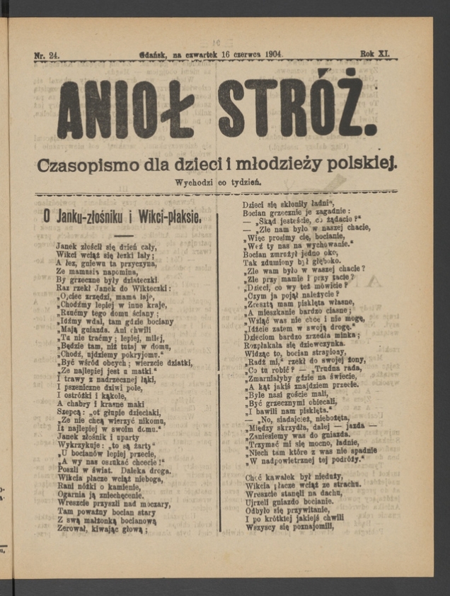 Anioł Str&oacute;ż&nbsp;: czasopismo dla&nbsp;dzieci i&nbsp;młodzieży polskiej. Rok 12, 1904, numer&nbsp;24