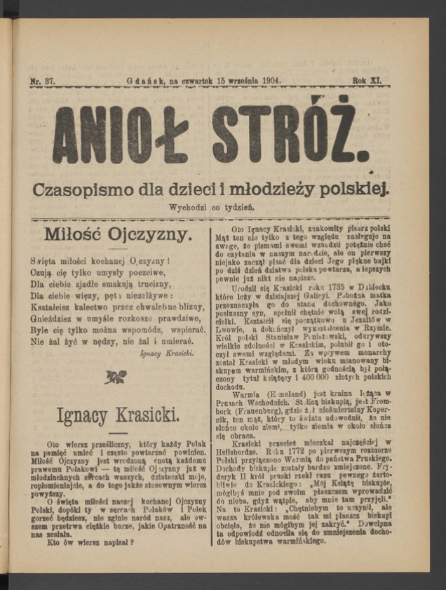 Anioł Str&oacute;ż&nbsp;: czasopismo dla&nbsp;dzieci i&nbsp;młodzieży polskiej. Rok 12, 1904, numer&nbsp;37
