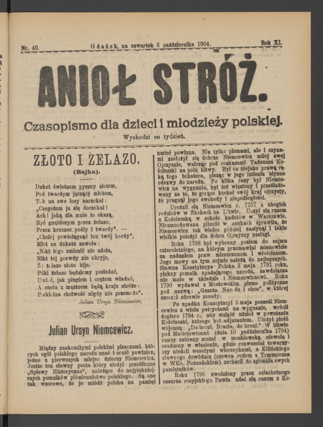 Anioł Str&oacute;ż&nbsp;: czasopismo dla&nbsp;dzieci i&nbsp;młodzieży polskiej. Rok 12, 1904, numer&nbsp;40