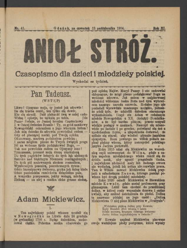 Anioł Str&oacute;ż&nbsp;: czasopismo dla&nbsp;dzieci i&nbsp;młodzieży polskiej. Rok 12, 1904, numer&nbsp;41