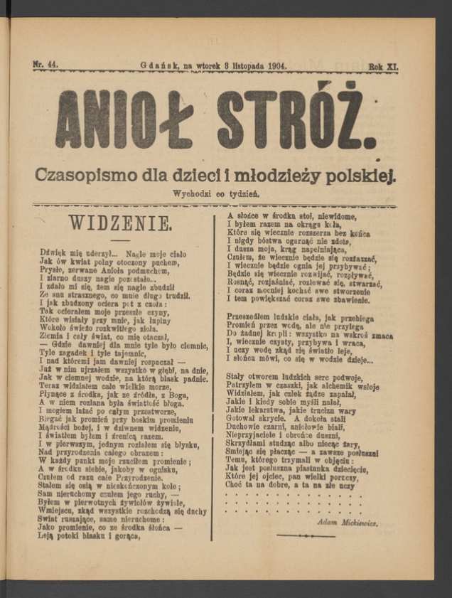 Anioł Str&oacute;ż&nbsp;: czasopismo dla&nbsp;dzieci i&nbsp;młodzieży polskiej. Rok 12, 1904, numer&nbsp;44