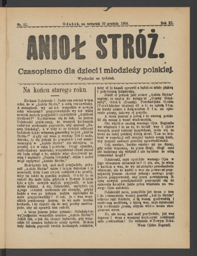 Anioł Str&oacute;ż&nbsp;: czasopismo dla&nbsp;dzieci i&nbsp;młodzieży polskiej. Rok 12, 1904, numer&nbsp;52