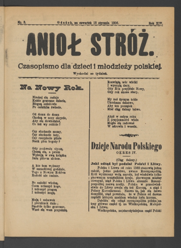 Anioł Str&oacute;ż&nbsp;: czasopismo dla&nbsp;dzieci i&nbsp;młodzieży polskiej. Rok 14, 1906, numer&nbsp;3
