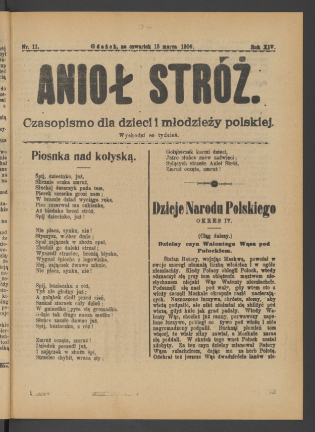 Anioł Str&oacute;ż&nbsp;: czasopismo dla&nbsp;dzieci i&nbsp;młodzieży polskiej. Rok 14, 1906, numer&nbsp;11