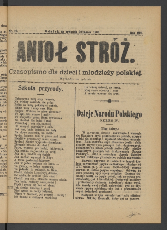 Anioł Str&oacute;ż&nbsp;: czasopismo dla&nbsp;dzieci i&nbsp;młodzieży polskiej. Rok 14, 1906, numer&nbsp;12