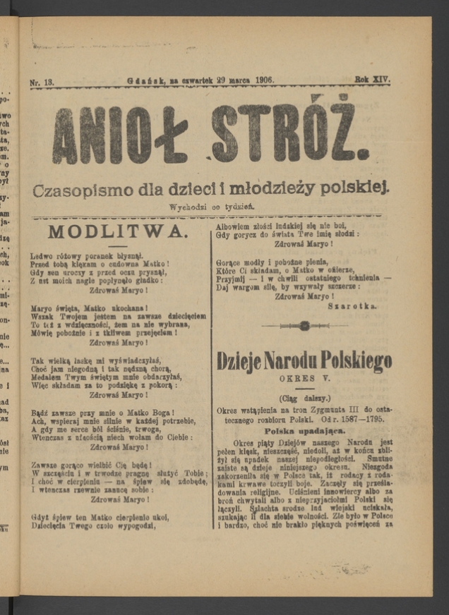 Anioł Str&oacute;ż&nbsp;: czasopismo dla&nbsp;dzieci i&nbsp;młodzieży polskiej. Rok 14, 1906, numer&nbsp;13