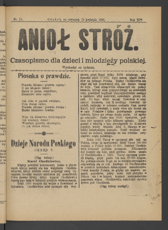 Anioł Str&oacute;ż&nbsp;: czasopismo dla&nbsp;dzieci i&nbsp;młodzieży polskiej. Rok 14, 1906, numer&nbsp;15