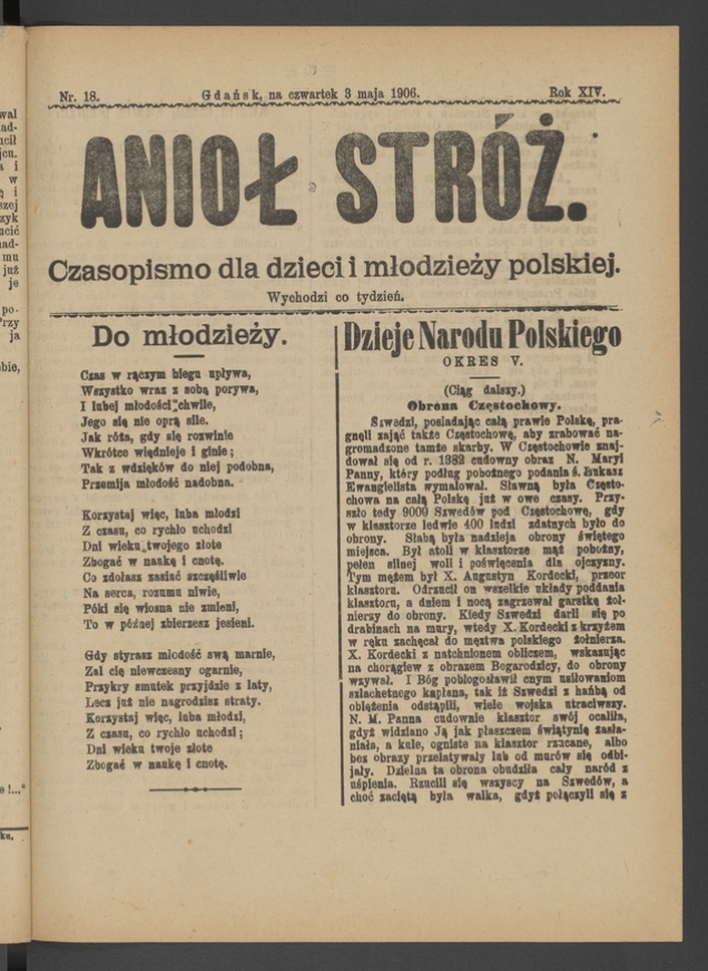Anioł Str&oacute;ż&nbsp;: czasopismo dla&nbsp;dzieci i&nbsp;młodzieży polskiej. Rok 14, 1906, numer&nbsp;18