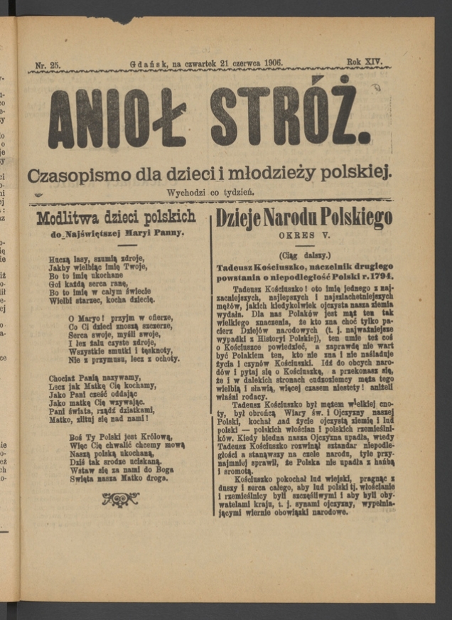 Anioł Str&oacute;ż&nbsp;: czasopismo dla&nbsp;dzieci i&nbsp;młodzieży polskiej. Rok 14, 1906, numer&nbsp;25