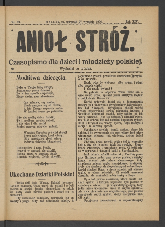Anioł Str&oacute;ż&nbsp;: czasopismo dla&nbsp;dzieci i&nbsp;młodzieży polskiej. Rok 14, 1906, numer&nbsp;39